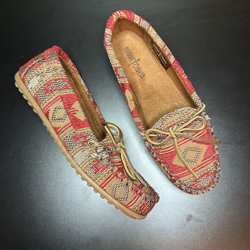 Minnetonka Shoes Minnetonka Baja Aztec Tapestry Womens Red Moccasin Leather 8